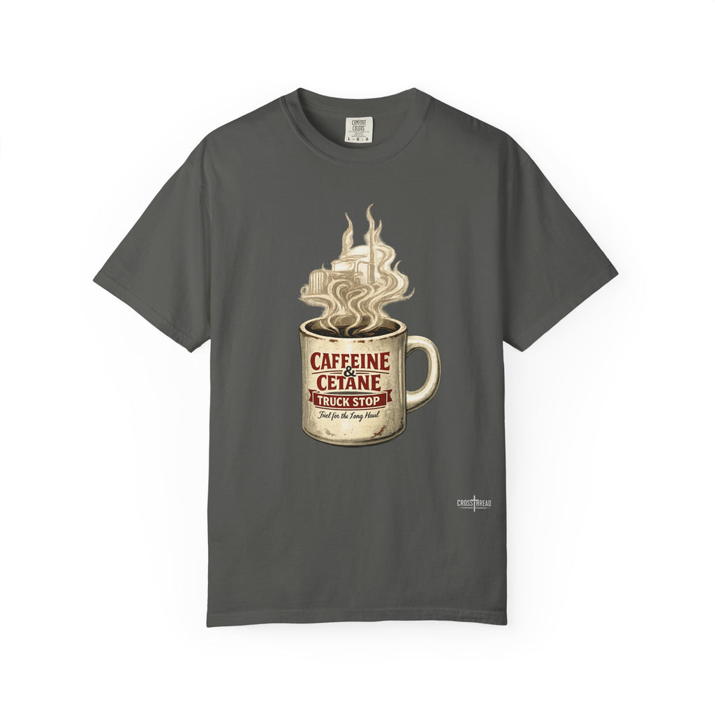 Coffee Mug Graphic T-Shirt — "Caffeine & Cetane" Vintage Coffee Design