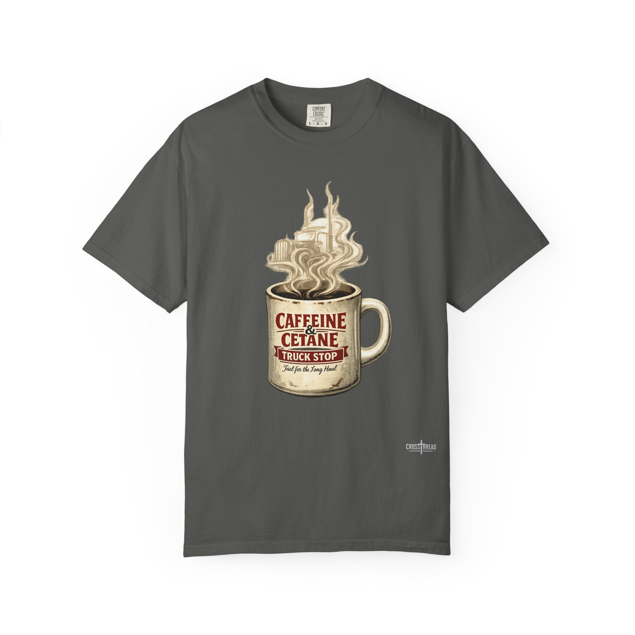 Coffee Mug Graphic T-Shirt — "Caffeine & Cetane" Vintage Coffee Design