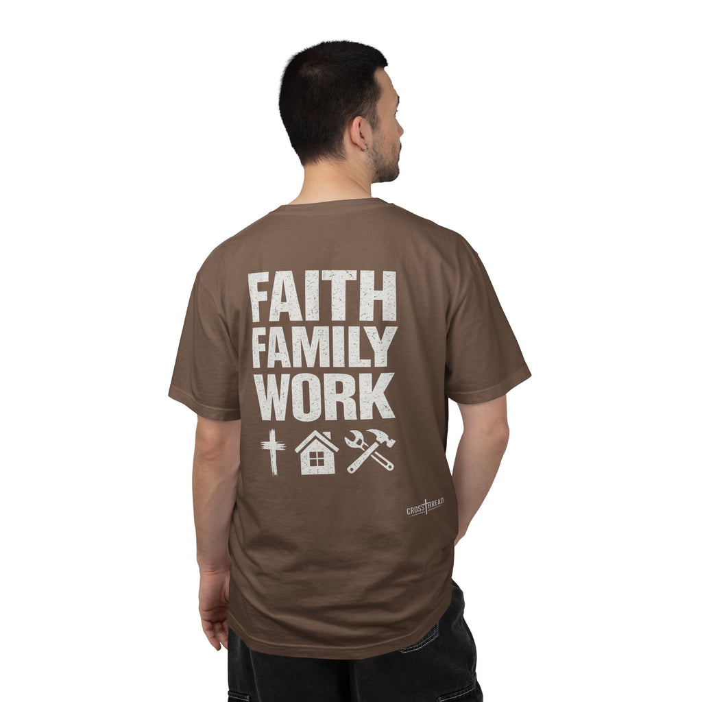Faith Family Work T-Shirt — Inspirational Christian Men’s Tee