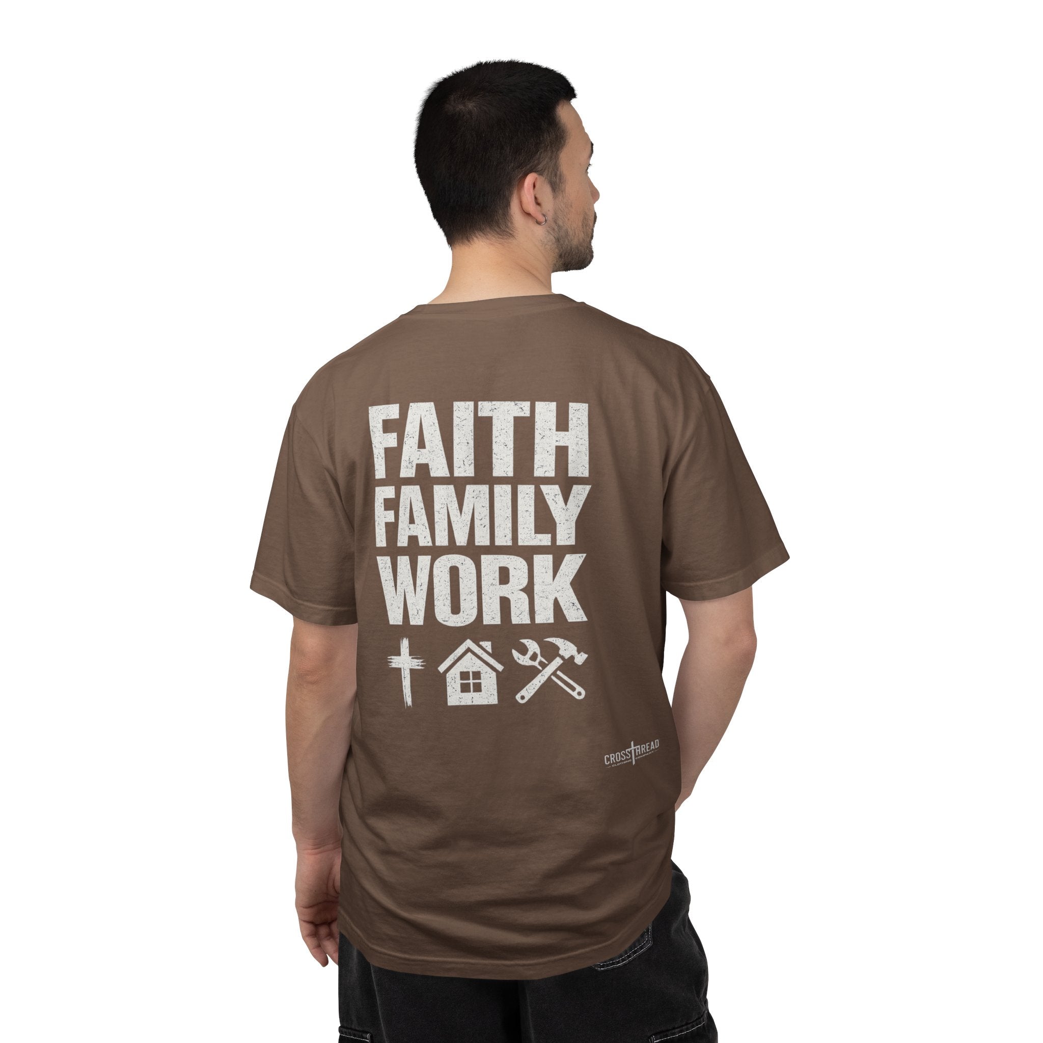 Faith Family Work T-Shirt — Inspirational Christian Men’s Tee