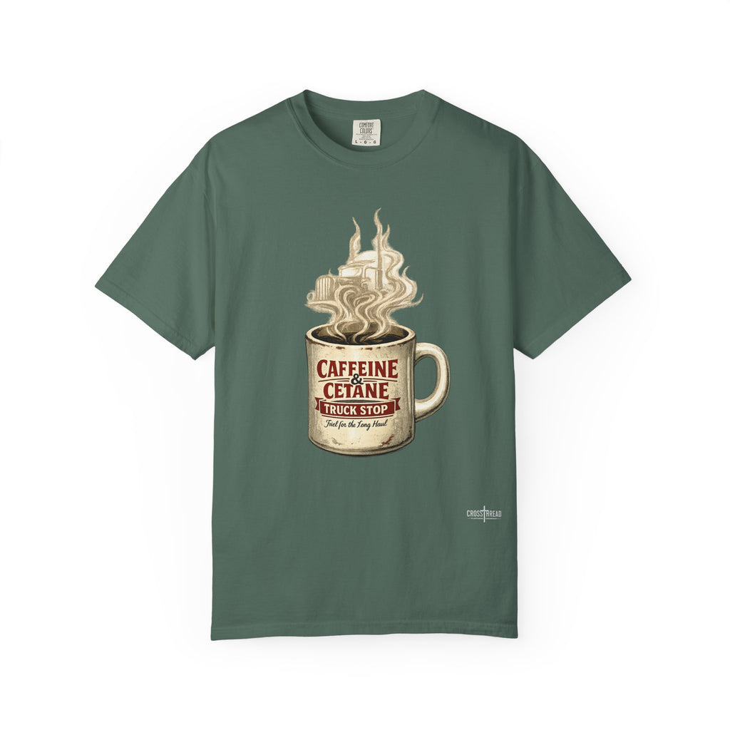 Coffee Mug Graphic T-Shirt — "Caffeine & Cetane" Vintage Coffee Design