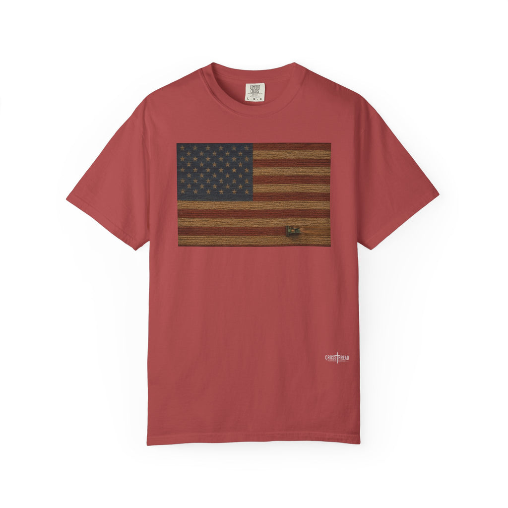 Patriotic Farmer T-Shirt — American Flag with Combine Harvester | American Grain Harvest Tee