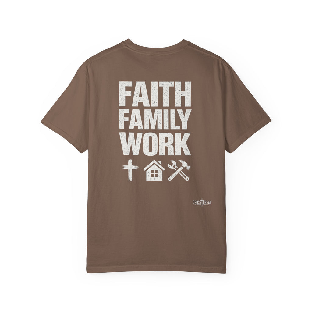 Faith Family Work T-Shirt — Inspirational Christian Men’s Tee
