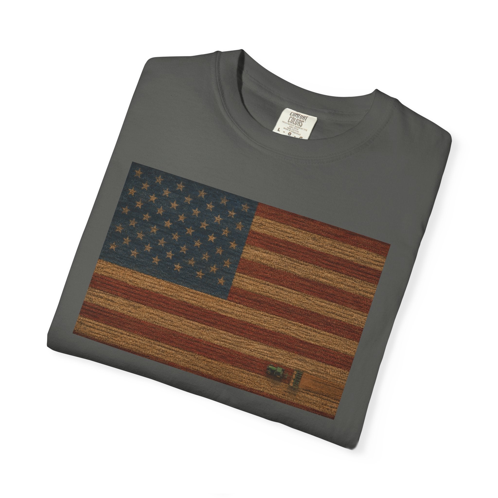 Patriotic Farmer Tractor T‑Shirt — American Flag Farm Tee