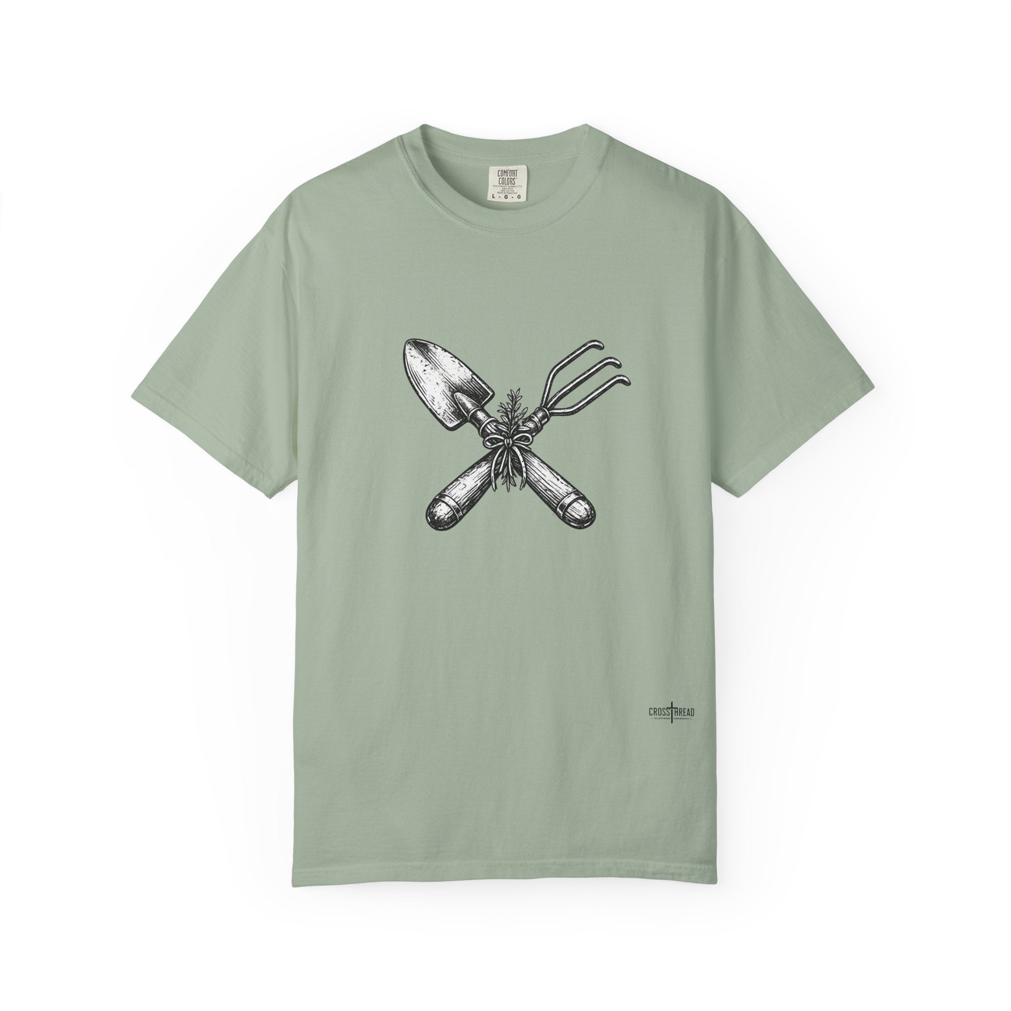 Gardener Crossed Trowel & Cultivator Tee — Vintage Gardening Tool Graphic Shirt
