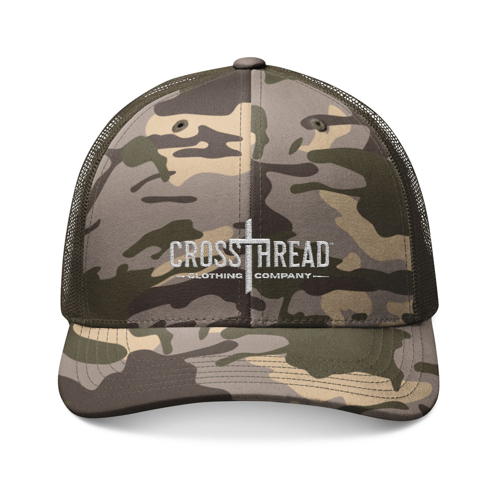 Camouflage Embroidered Logo Trucker Hat — Camo Mesh Cap for Outdoors, Hunting & Casual Wear