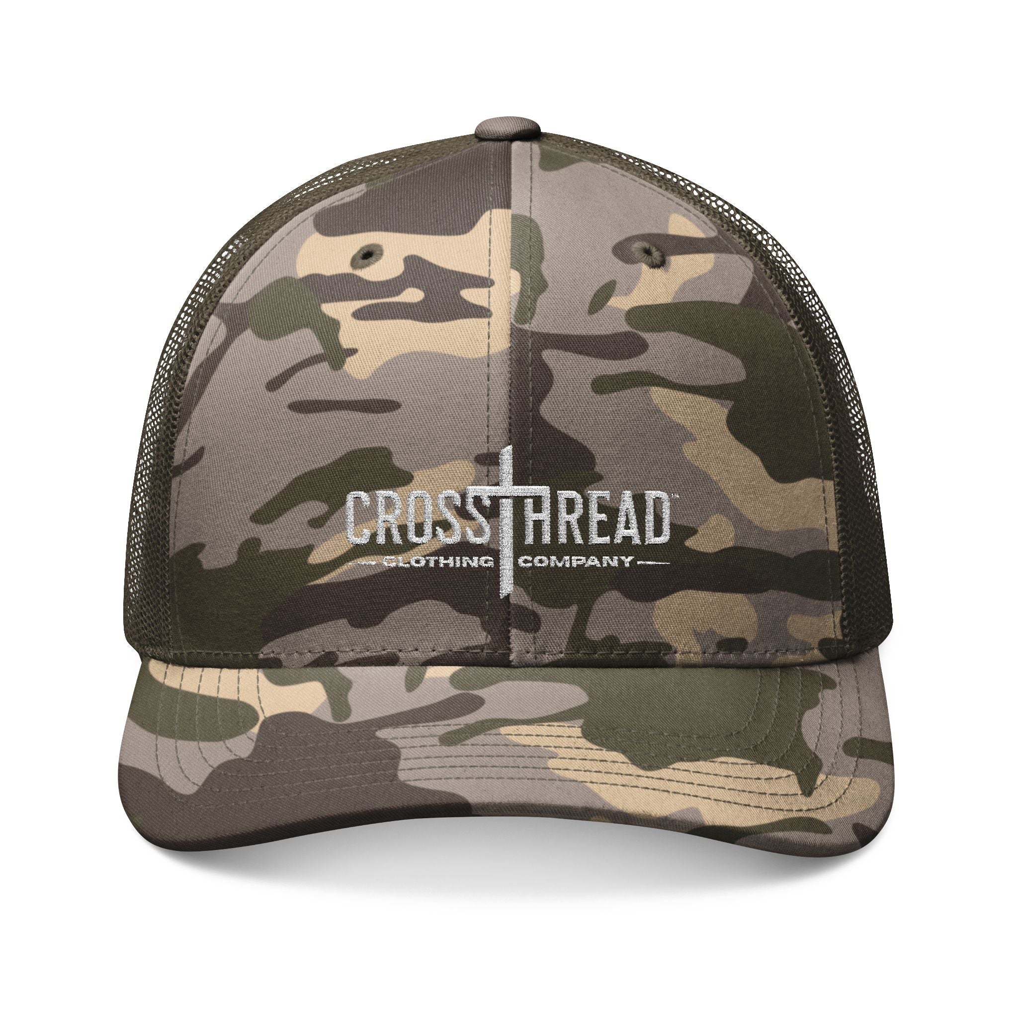 Camouflage Embroidered Logo Trucker Hat — Camo Mesh Cap for Outdoors, Hunting & Casual Wear