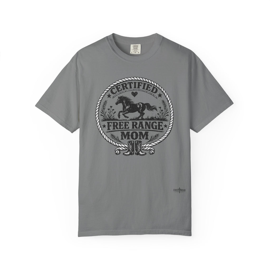 Certified Free Range Mom T-Shirt —  Farm Mom Tee, Horse & Boots Graphic