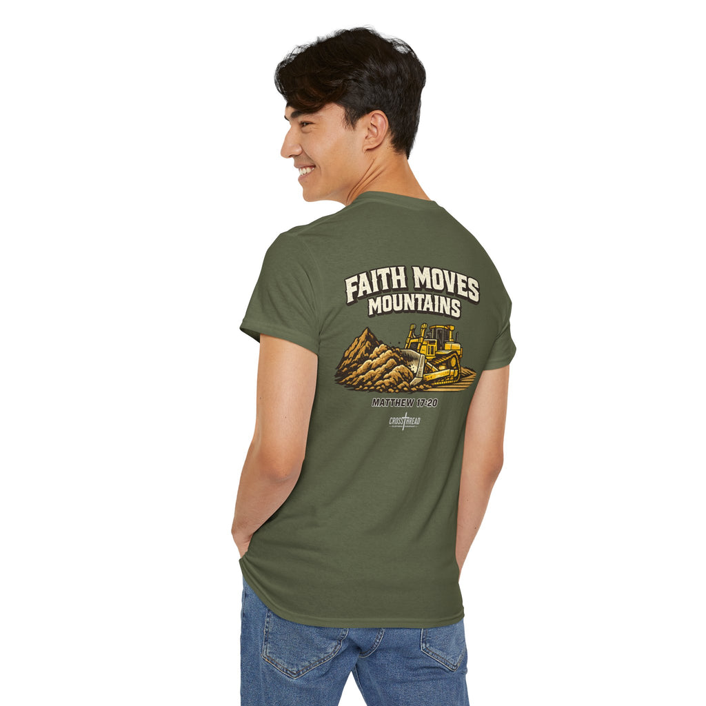 Faith Moves Mountains T‑Shirt — Inspirational Mountain & Bulldozer Graphic Tee