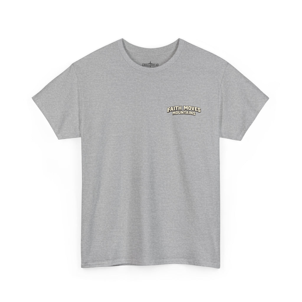 Faith Moves Mountains T‑Shirt — Inspirational Mountain & Bulldozer Graphic Tee