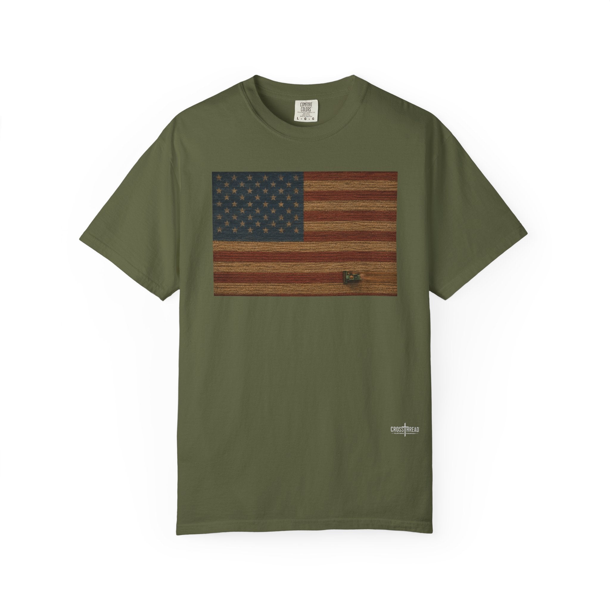 Patriotic Farmer T-Shirt — American Flag with Combine Harvester | American Grain Harvest Tee