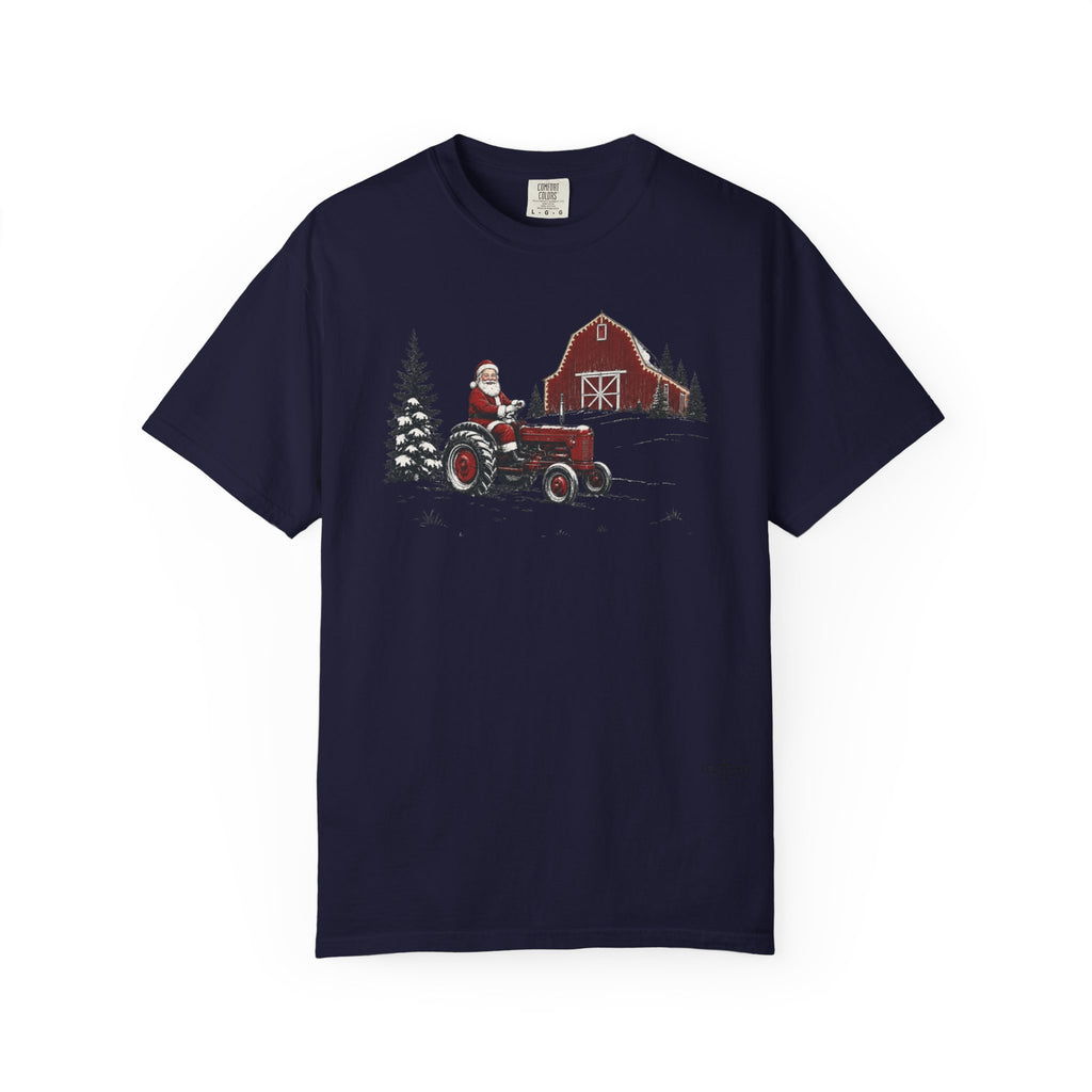 Rustic Santa Tractor and Barn Comfort Colors Shirt