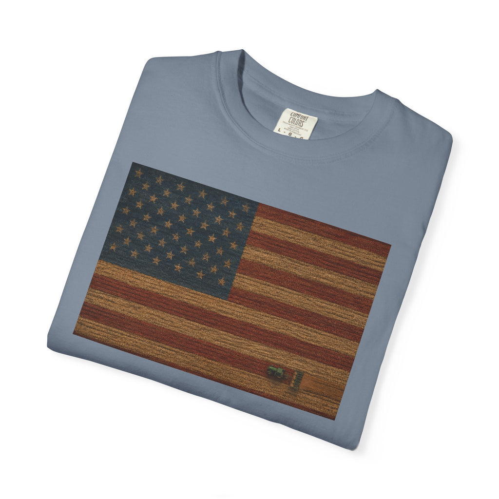 Patriotic Farmer Tractor T‑Shirt — American Flag Farm Tee