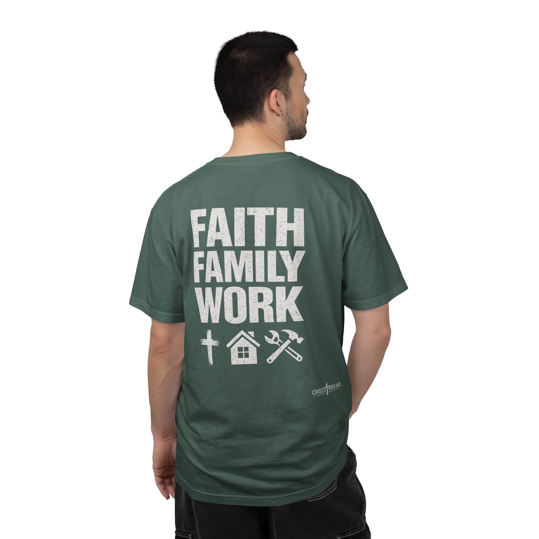 Faith Family Work T-Shirt — Inspirational Christian Men’s Tee