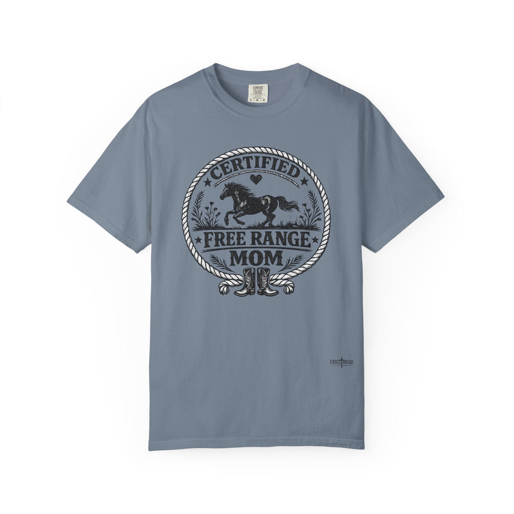 Certified Free Range Mom T-Shirt —  Farm Mom Tee, Horse & Boots Graphic