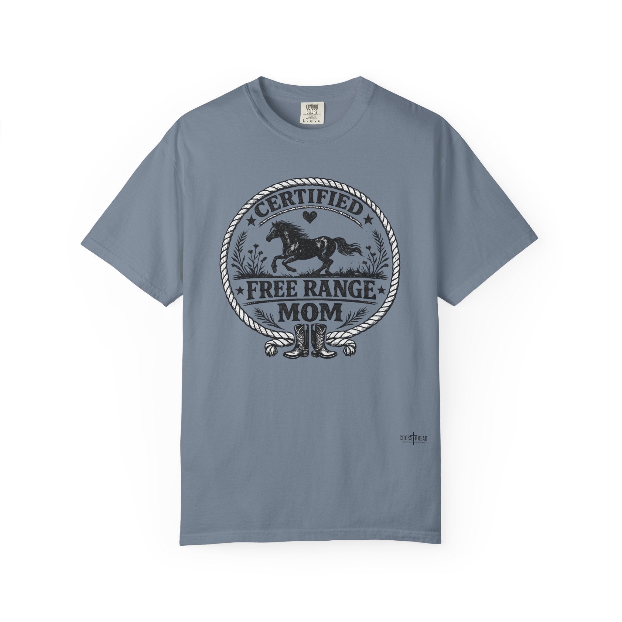 Certified Free Range Mom T-Shirt —  Farm Mom Tee, Horse & Boots Graphic