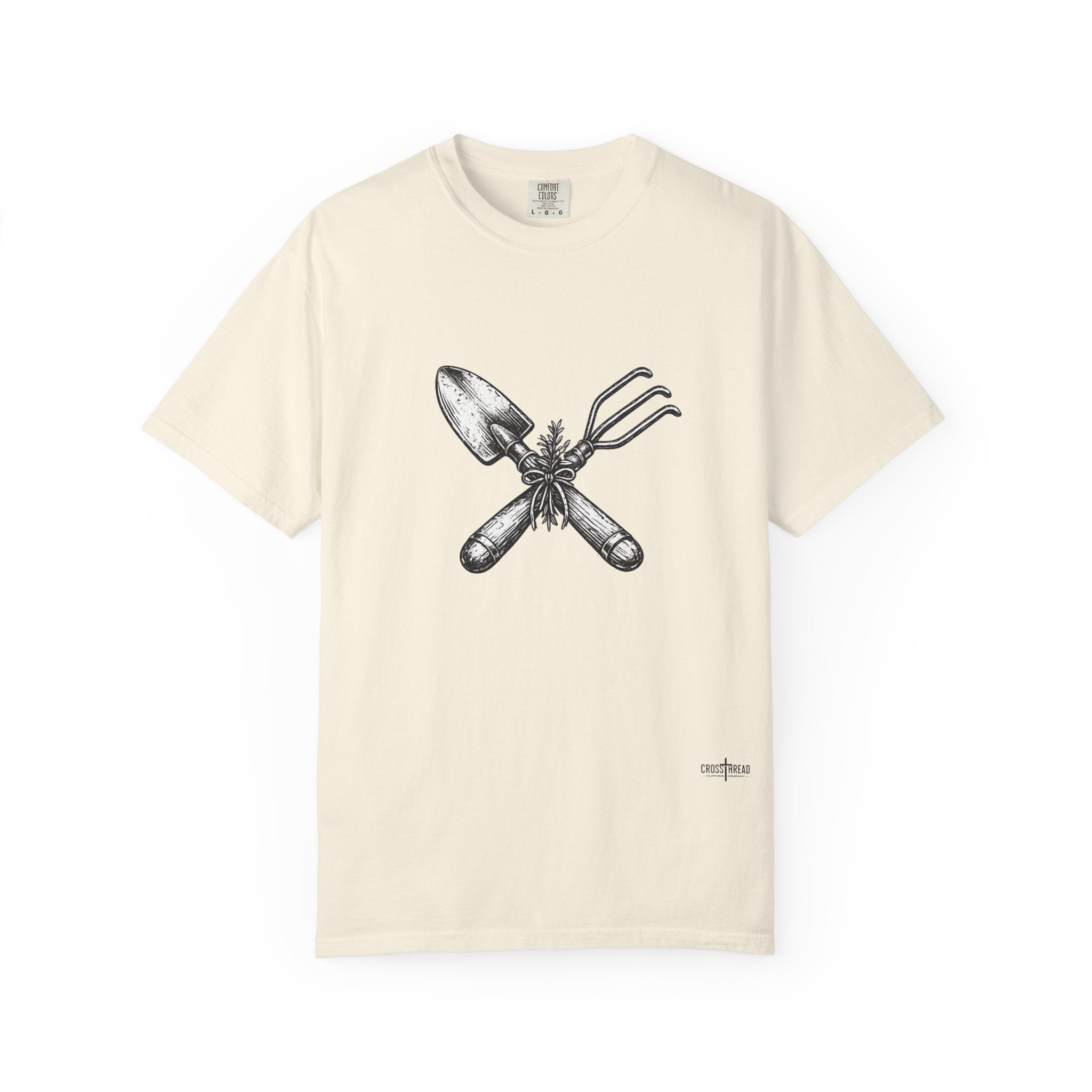 Gardener Crossed Trowel & Cultivator Tee — Vintage Gardening Tool Graphic Shirt