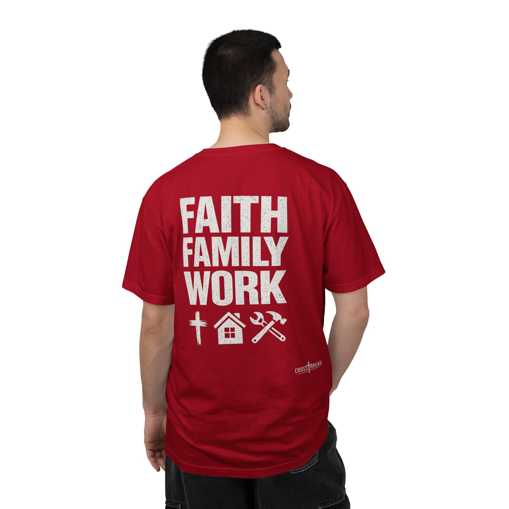 Faith Family Work T-Shirt — Inspirational Christian Men’s Tee