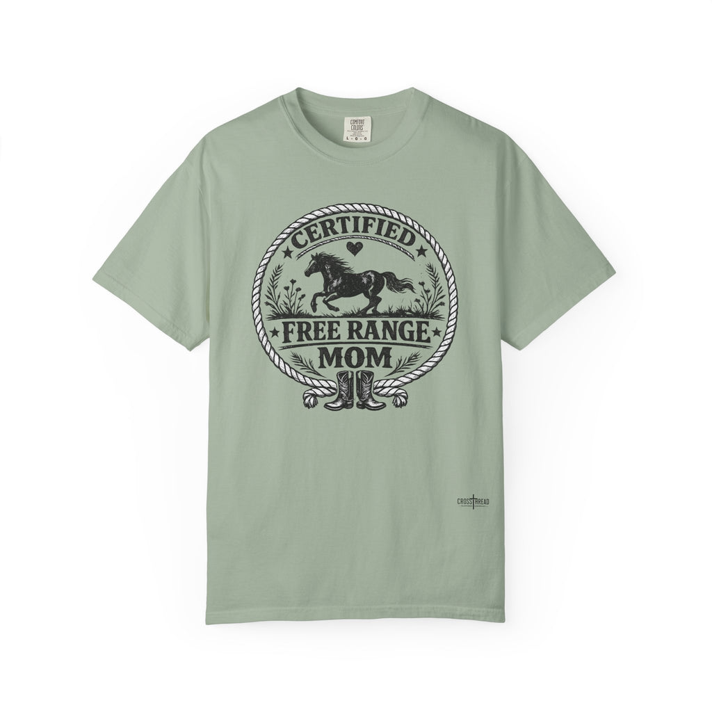Certified Free Range Mom T-Shirt —  Farm Mom Tee, Horse & Boots Graphic