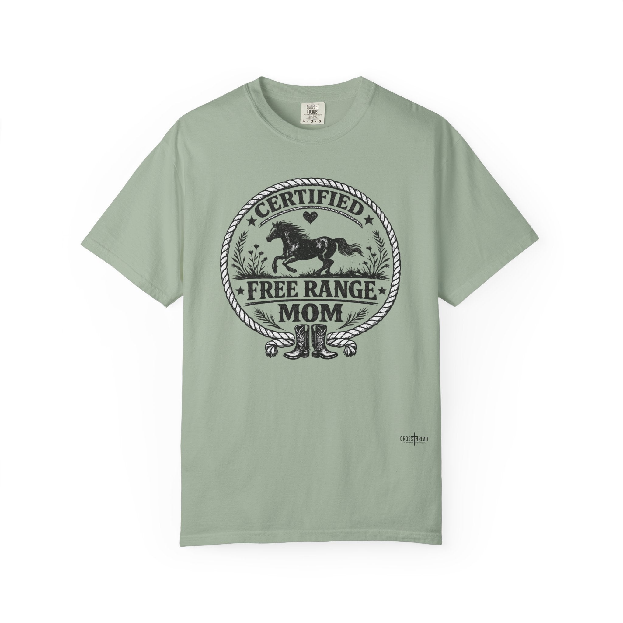 Certified Free Range Mom T-Shirt —  Farm Mom Tee, Horse & Boots Graphic