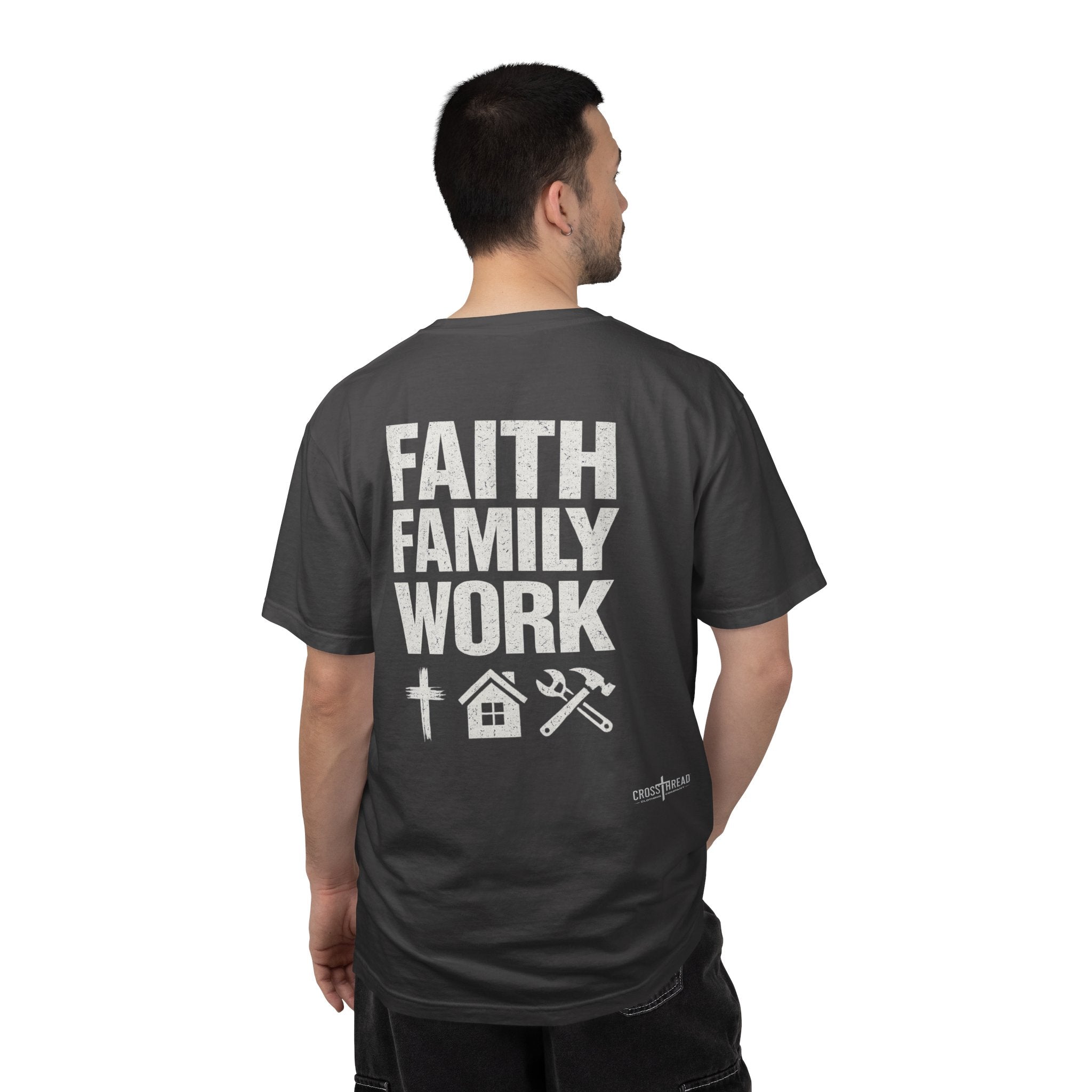 Faith Family Work T-Shirt — Inspirational Christian Men’s Tee