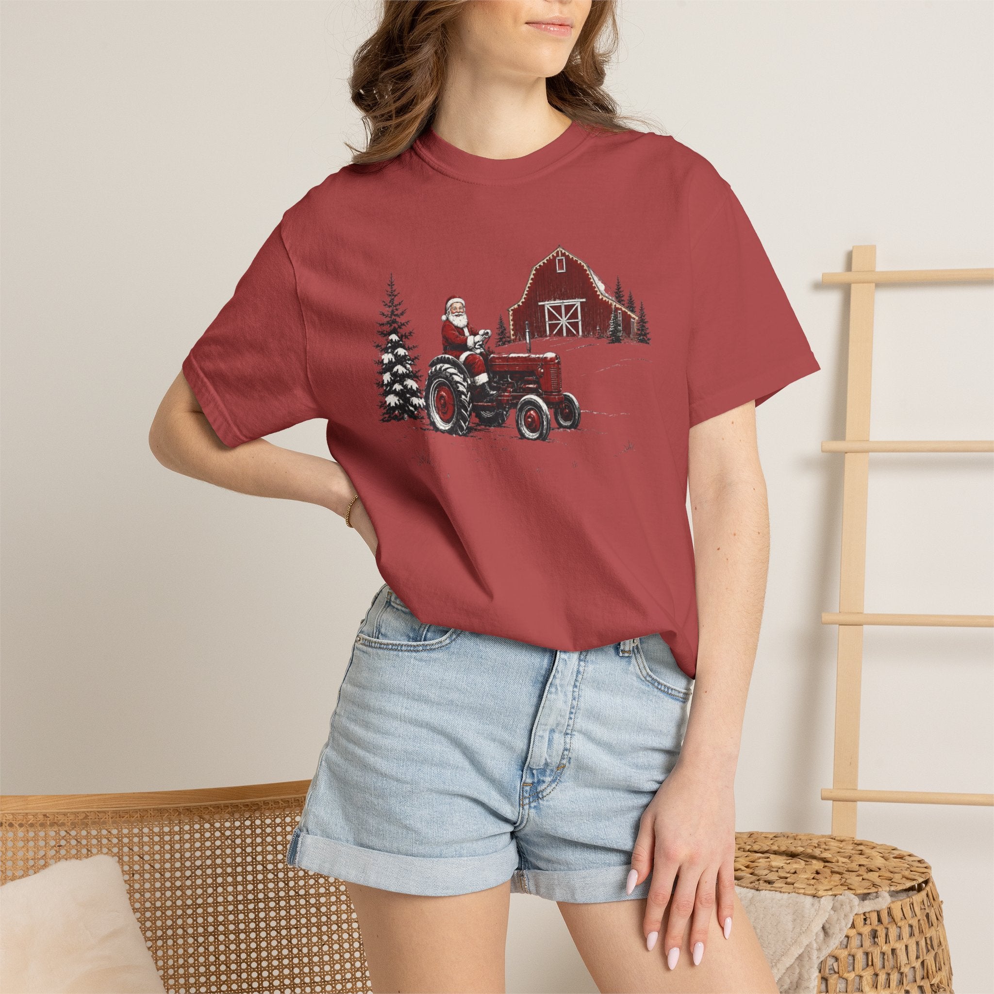 Rustic Santa Tractor and Barn Comfort Colors Shirt