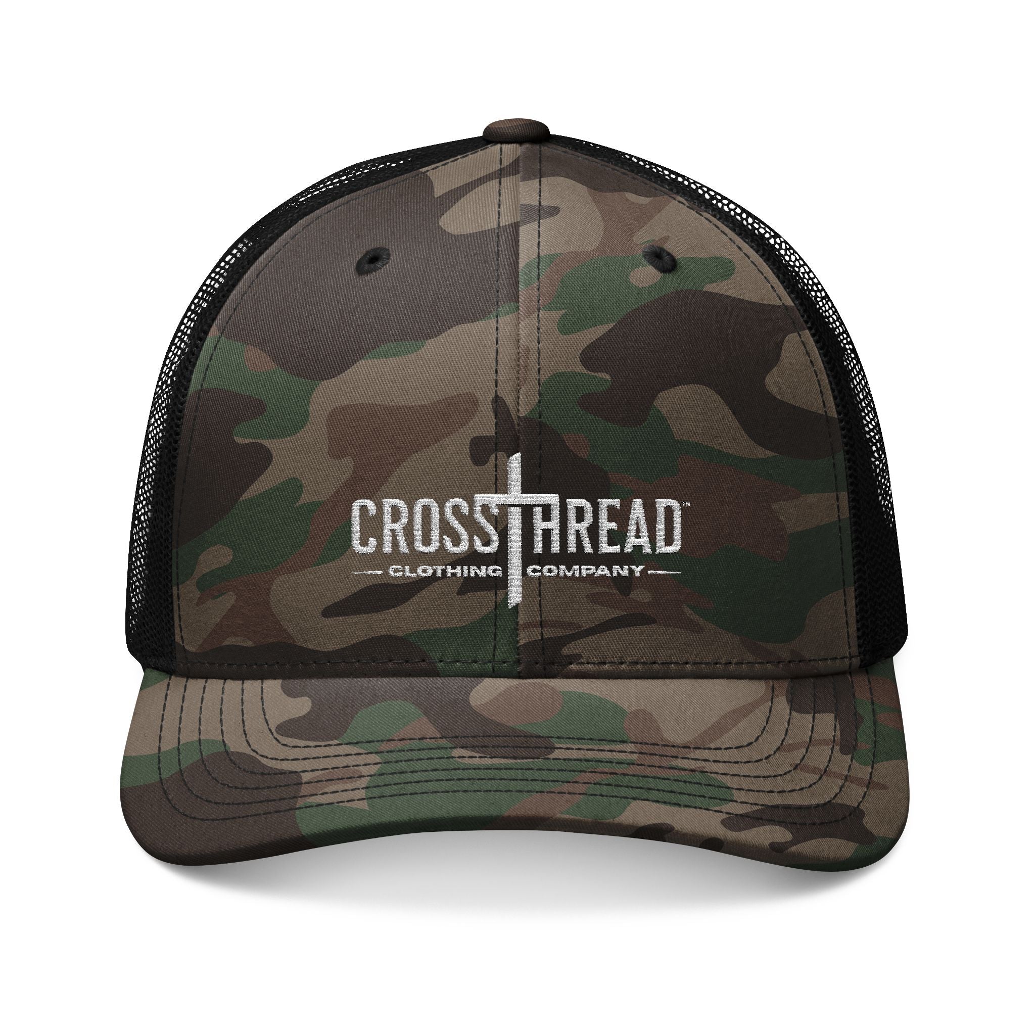 Camouflage Embroidered Logo Trucker Hat — Camo Mesh Cap for Outdoors, Hunting & Casual Wear