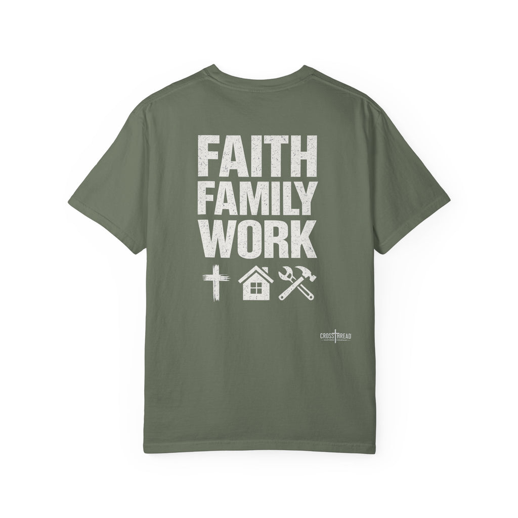 Faith Family Work T-Shirt — Inspirational Christian Men’s Tee
