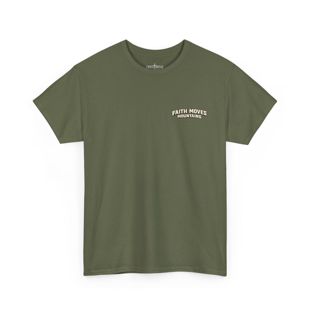 Faith Moves Mountains T‑Shirt — Inspirational Mountain & Bulldozer Graphic Tee