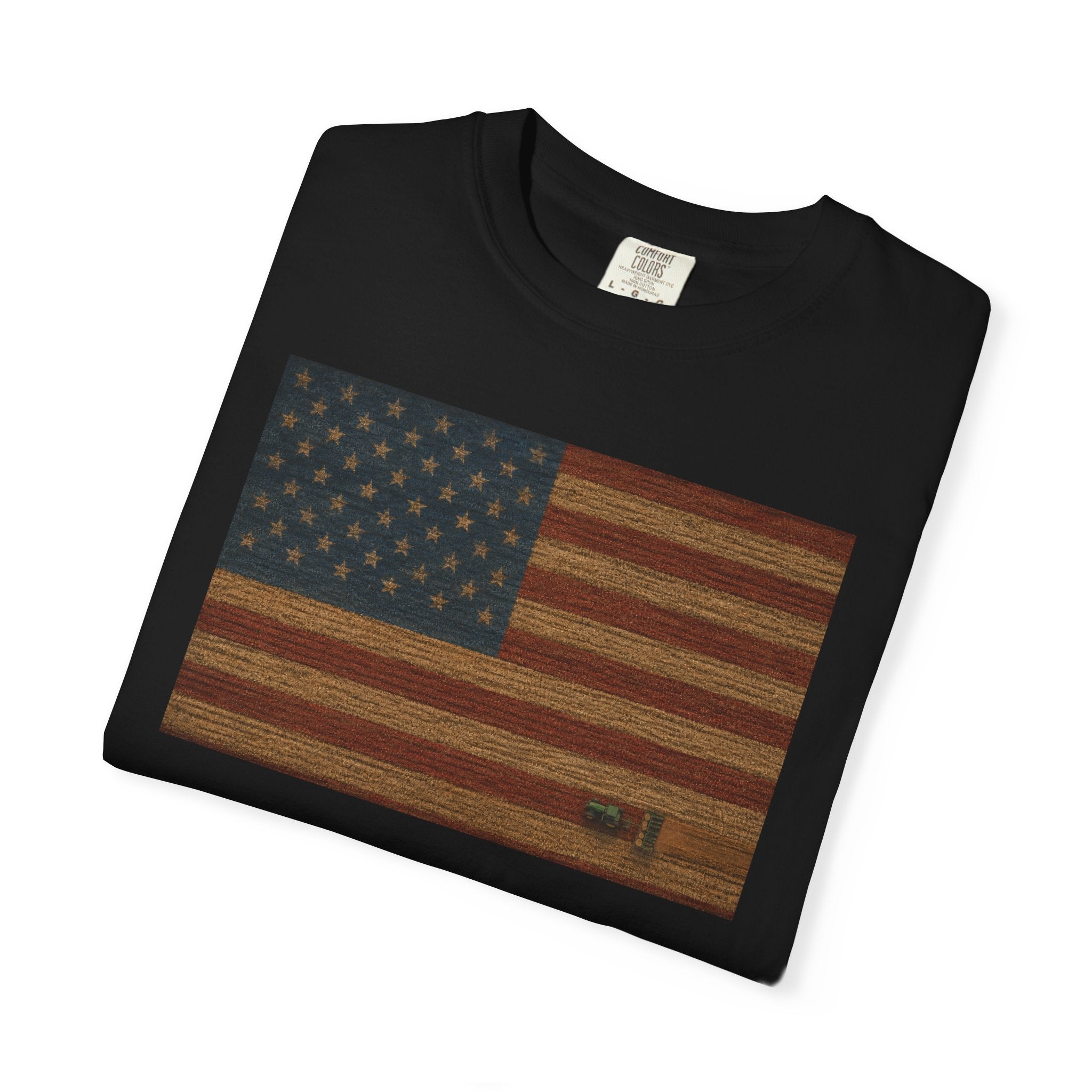 Patriotic Farmer Tractor T‑Shirt — American Flag Farm Tee
