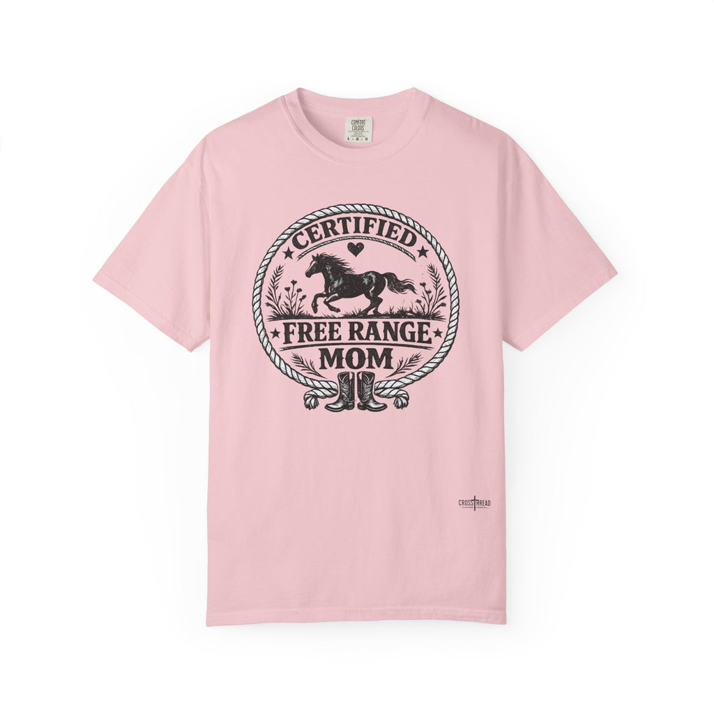 Certified Free Range Mom T-Shirt —  Farm Mom Tee, Horse & Boots Graphic