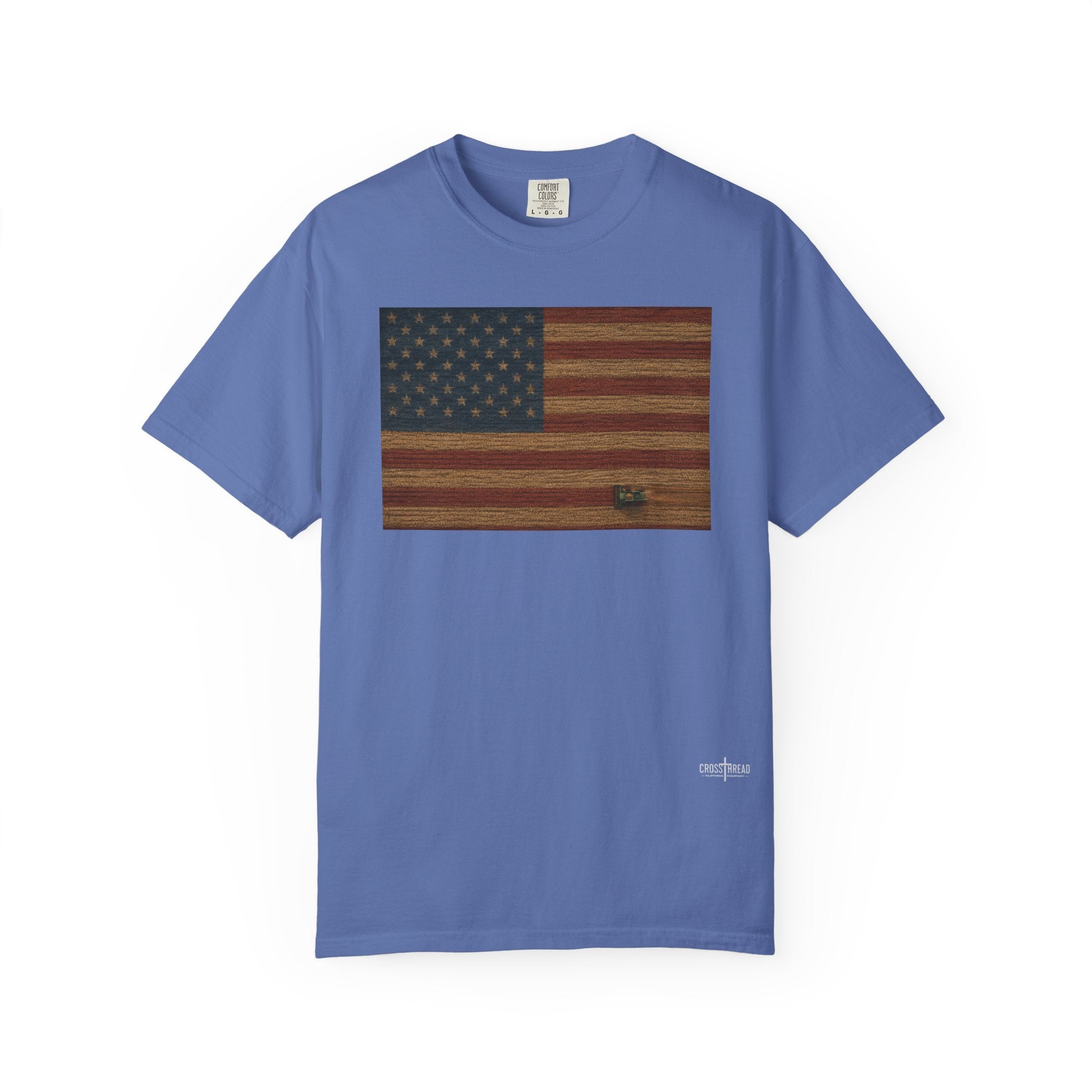 Patriotic Farmer T-Shirt — American Flag with Combine Harvester | American Grain Harvest Tee