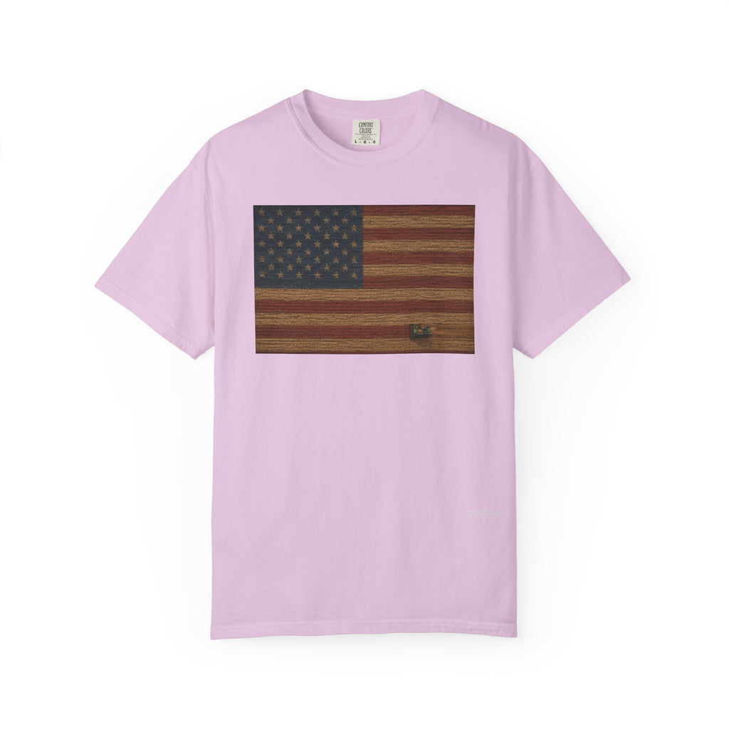 Patriotic Farmer T-Shirt — American Flag with Combine Harvester | American Grain Harvest Tee