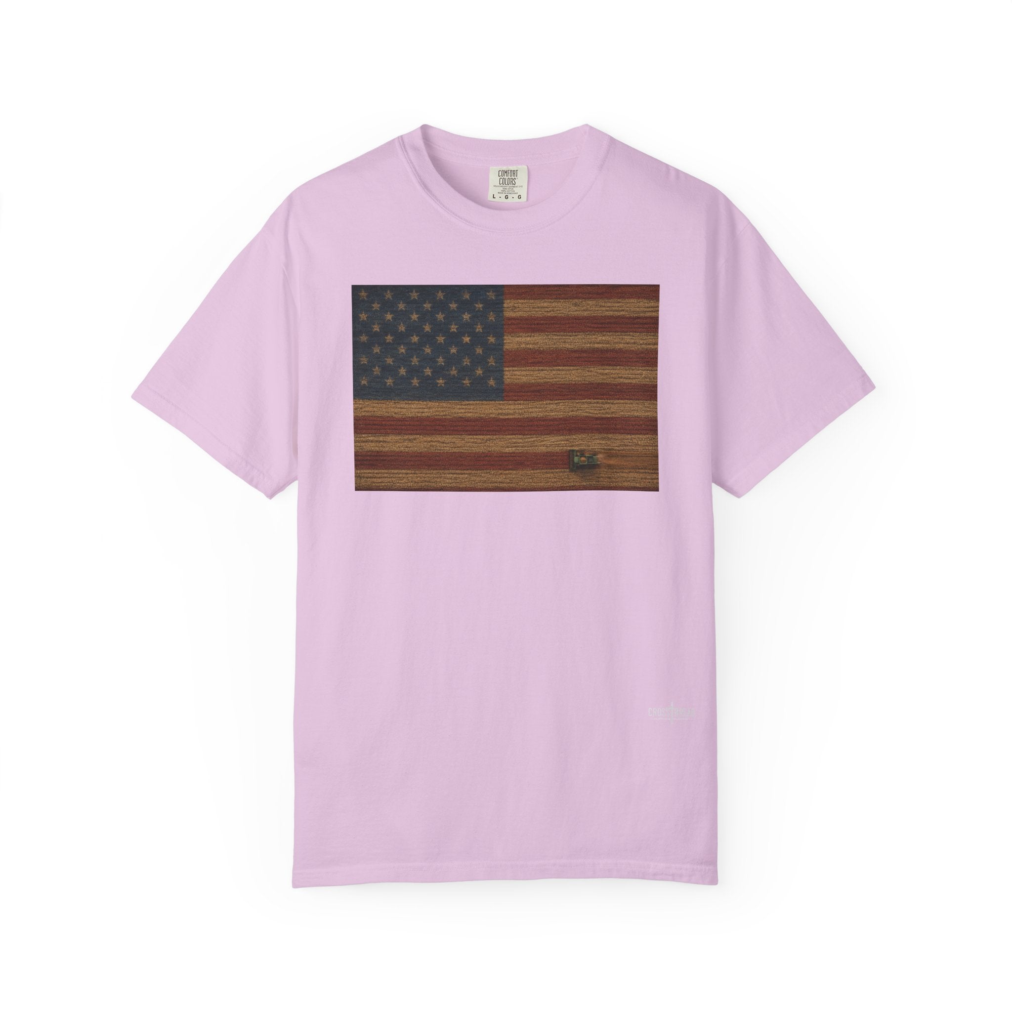 Patriotic Farmer T-Shirt — American Flag with Combine Harvester | American Grain Harvest Tee