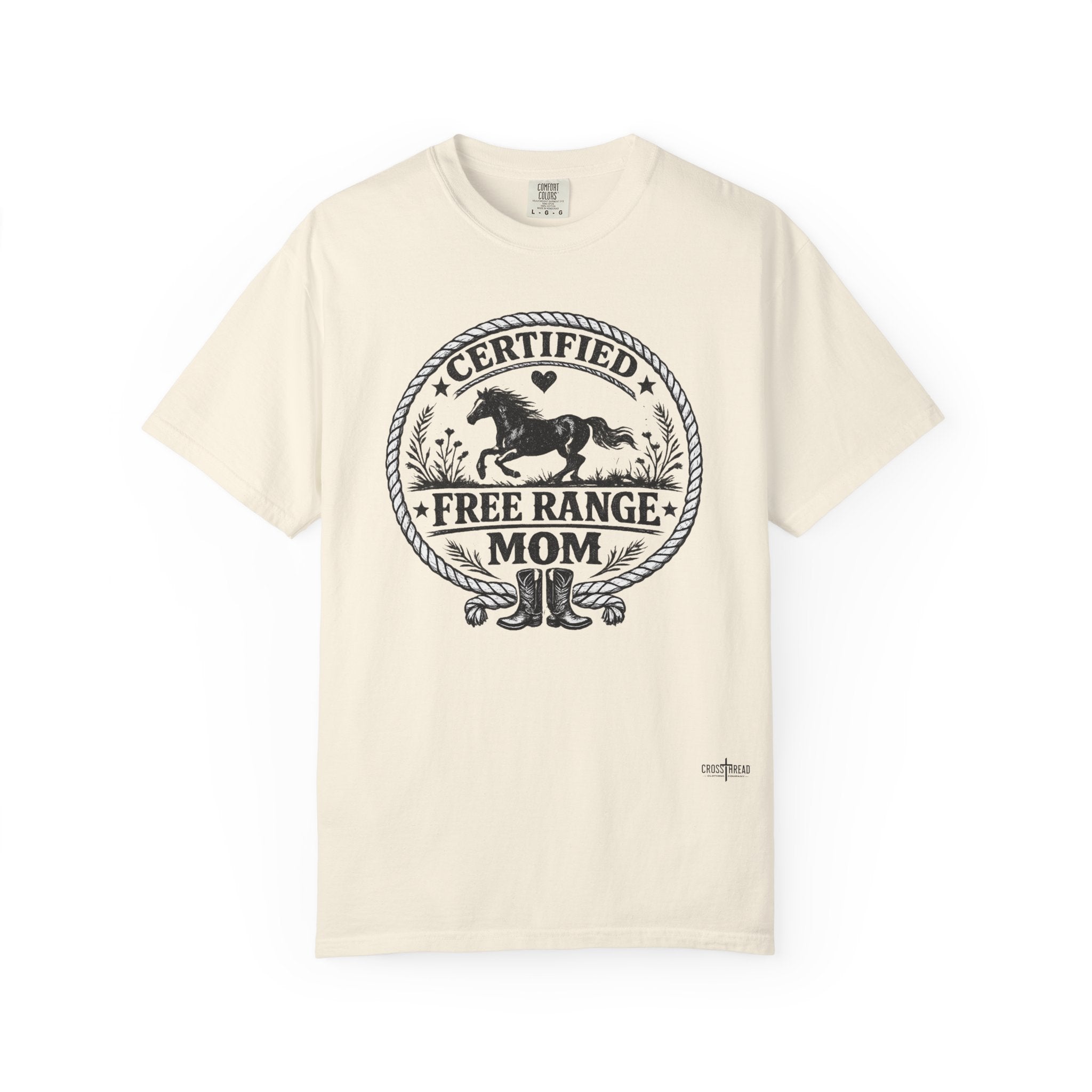 Certified Free Range Mom T-Shirt —  Farm Mom Tee, Horse & Boots Graphic