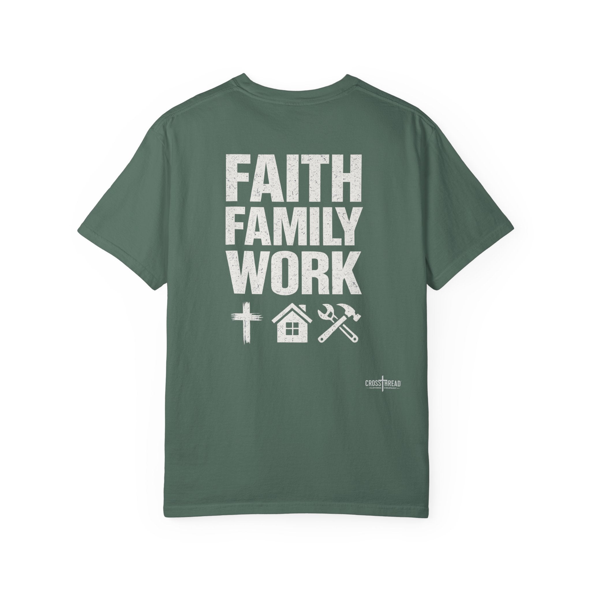 Faith Family Work T-Shirt — Inspirational Christian Men’s Tee