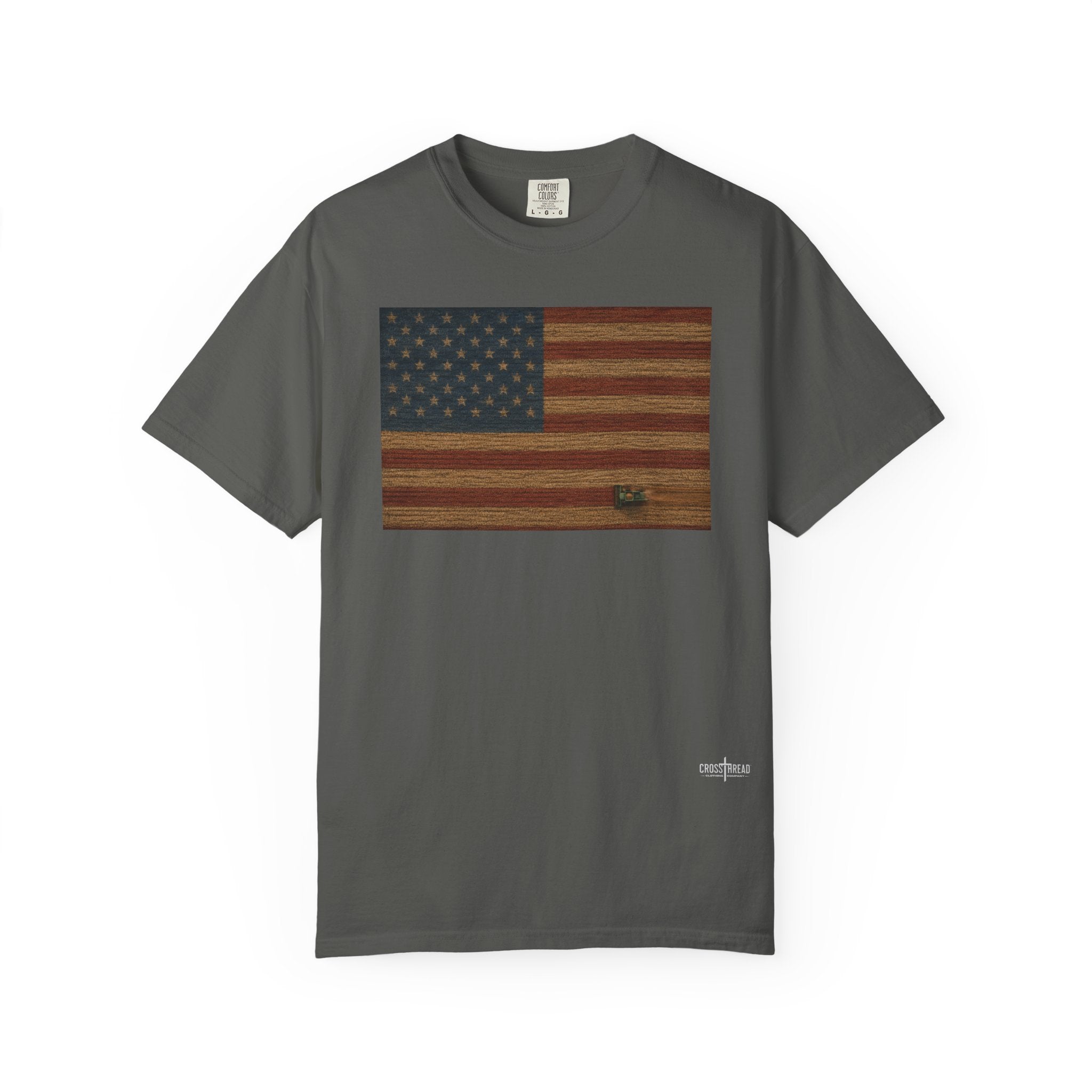 Patriotic Farmer T-Shirt — American Flag with Combine Harvester | American Grain Harvest Tee