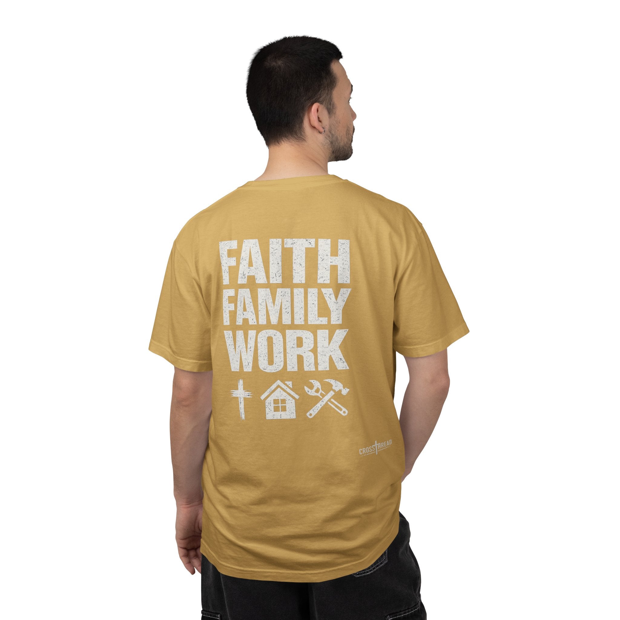 Faith Family Work T-Shirt — Inspirational Christian Men’s Tee