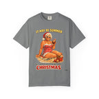 “It May Be Summer But I’m Already Thinking About Christmas”  — Mrs Claus Beach T Shirt