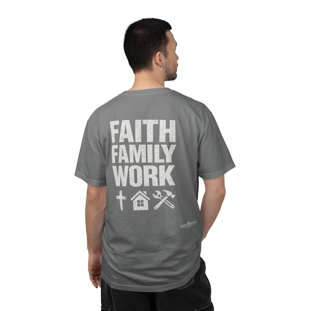 Faith Family Work T-Shirt — Inspirational Christian Men’s Tee