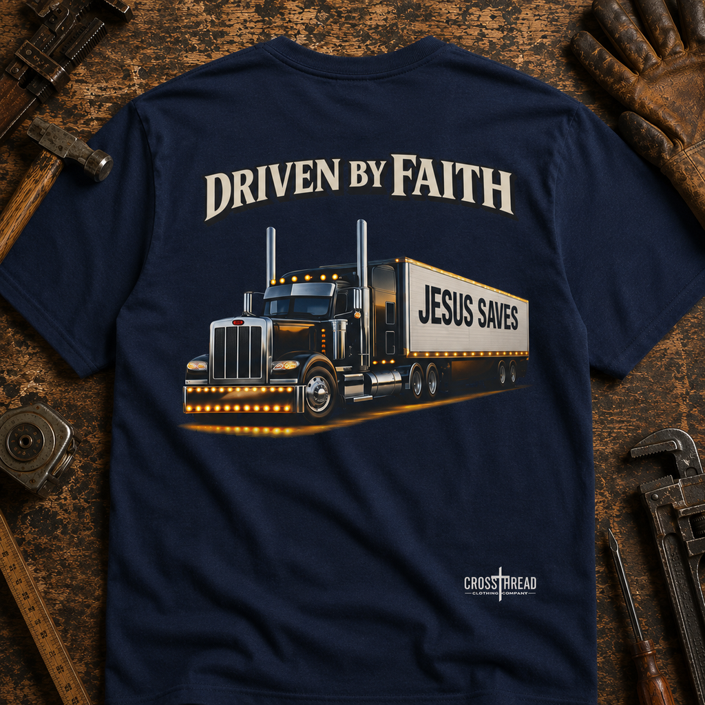Driven By Faith Truck T-Shirt — 'Jesus Saves' Christian Trucker Tee