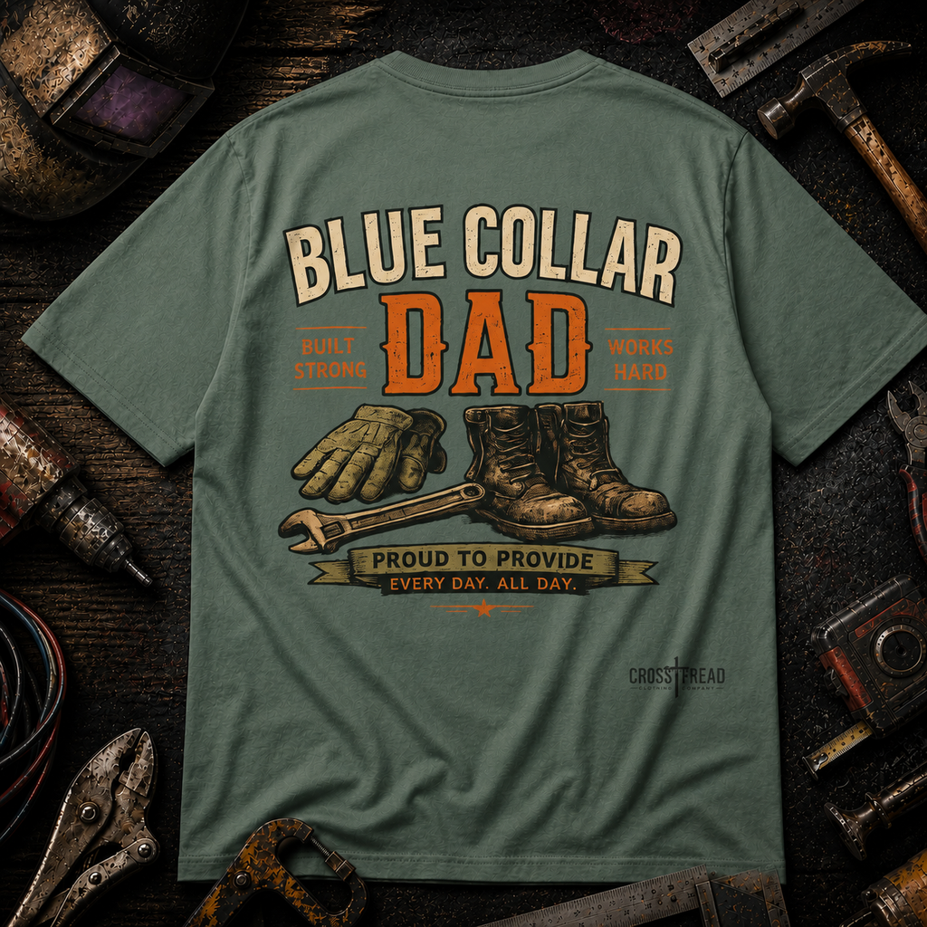 Blue Collar Dad T-Shirt — Vintage Work Gloves and Boots Design