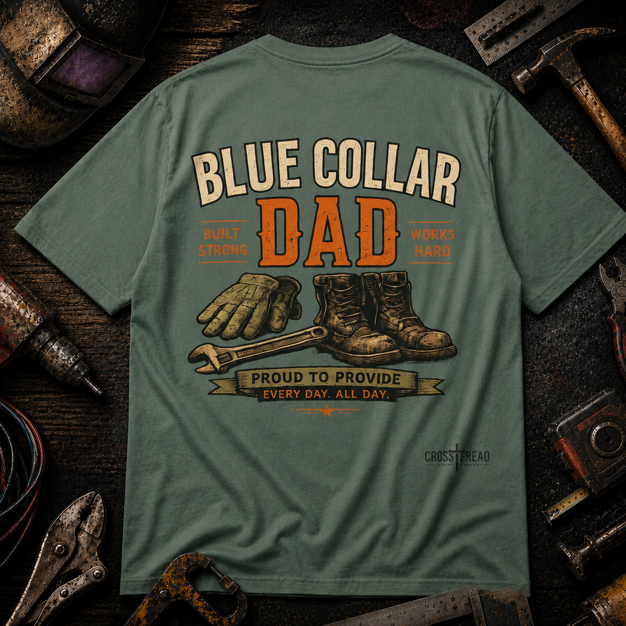 Blue Collar Dad T-Shirt — Vintage Work Gloves and Boots Design