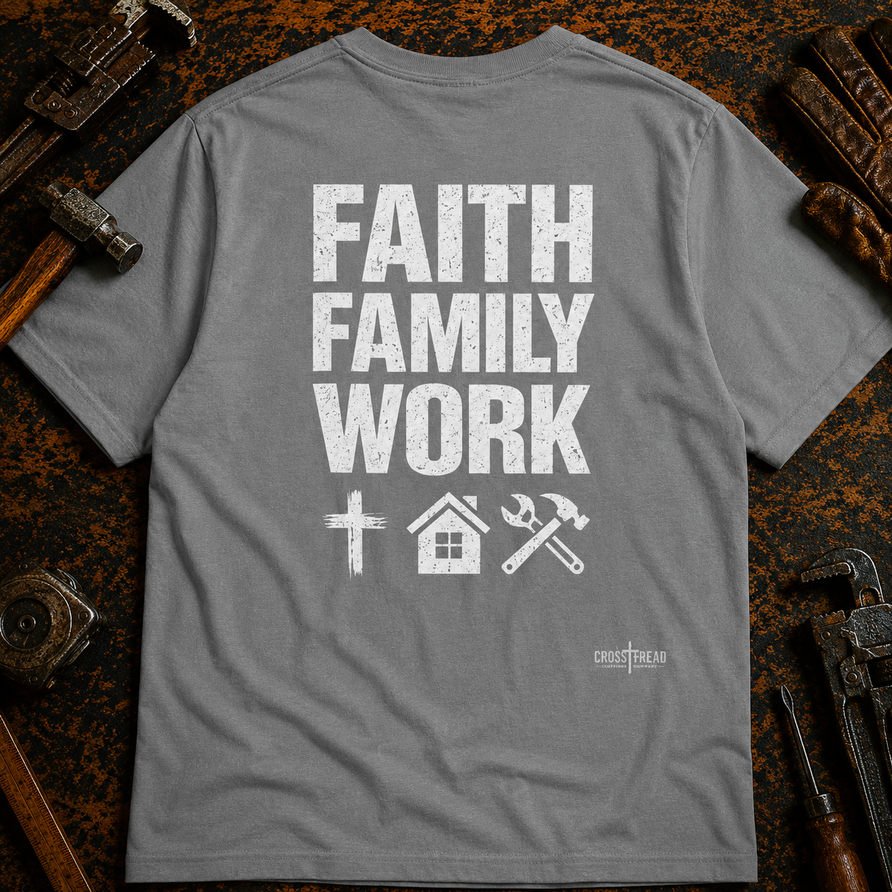 Faith Family Work T-Shirt — Inspirational Christian Men’s Tee