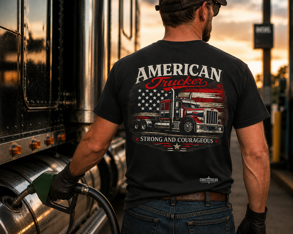 American Trucker T-Shirt — 'Strong and Courageous' Patriotic Semi Truck Tee