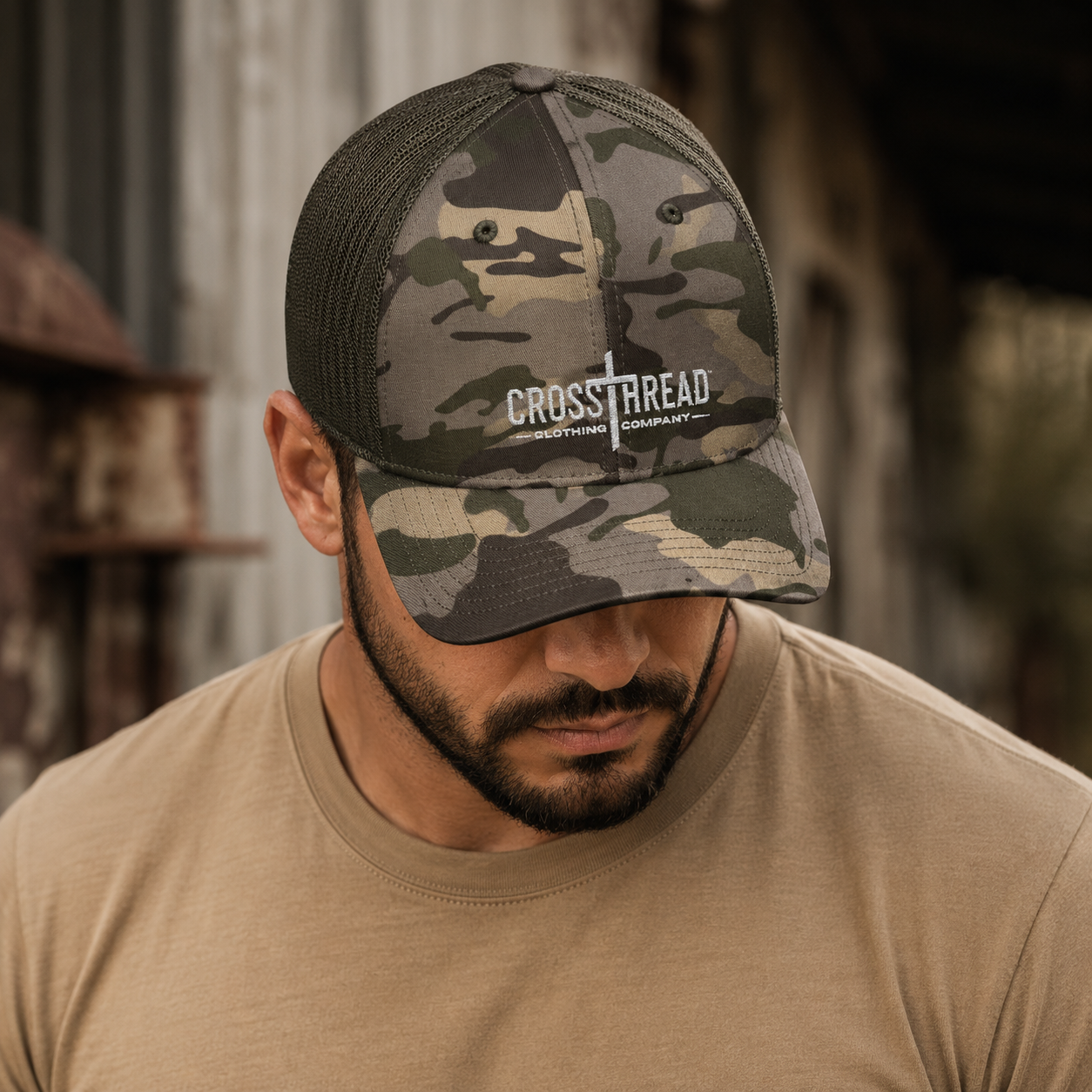 Camouflage Embroidered Logo Trucker Hat — Camo Mesh Cap for Outdoors, Hunting & Casual Wear
