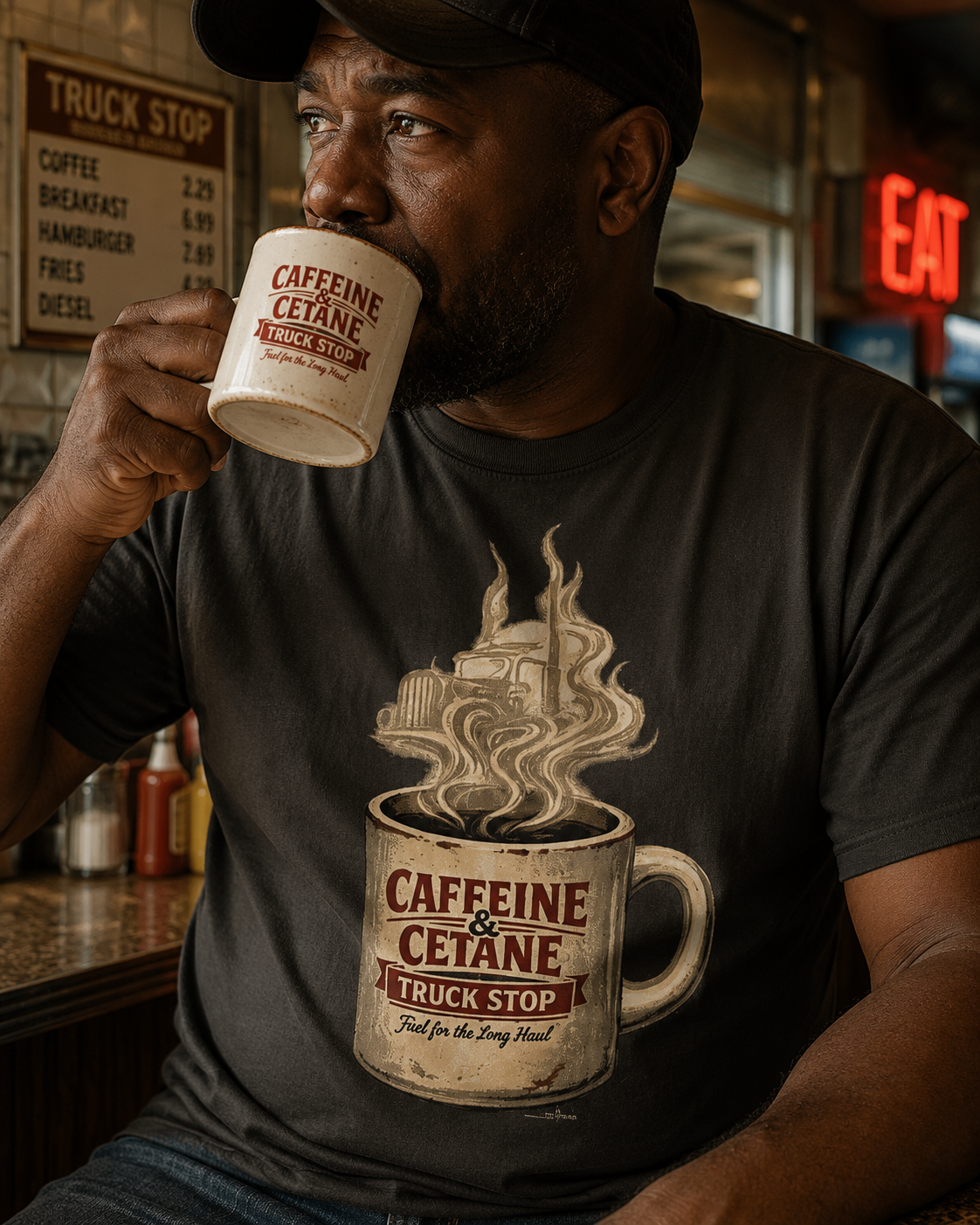 Coffee Mug Graphic T-Shirt — "Caffeine & Cetane" Vintage Coffee Design