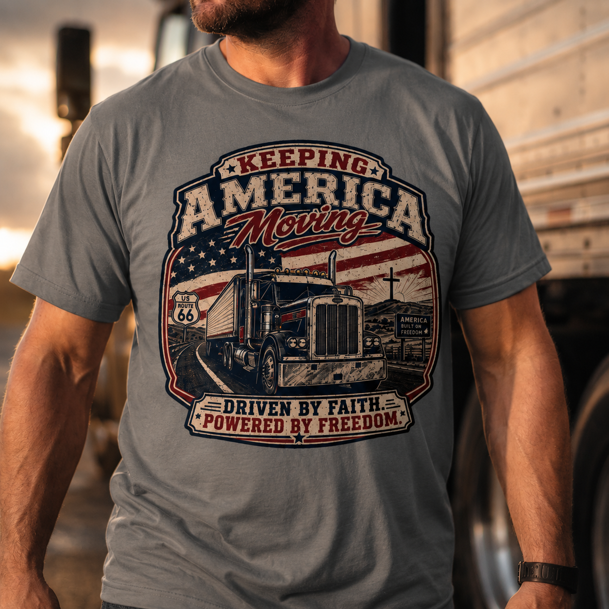 Keeping America Moving Trucker T‑Shirt — “Driven by Faith, Powered by Freedom” Vintage Semi Truck Tee
