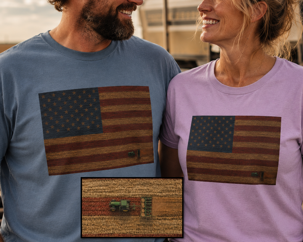 Patriotic Farmer Tractor T‑Shirt — American Flag Farm Tee