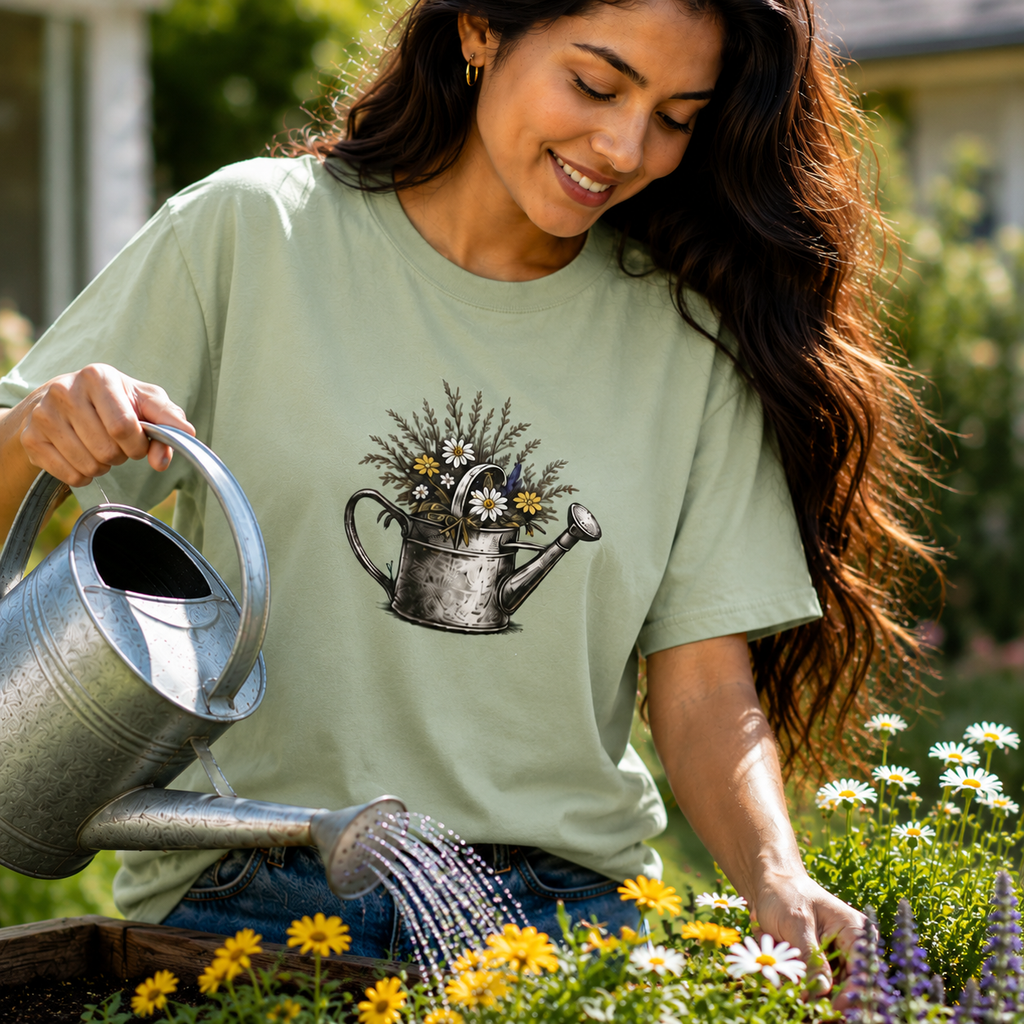Watering Can Wildflower T-Shirt — Vintage Floral Garden Tee